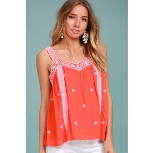 Moon River Day Trip Coral Embroidered Tank SZ XS